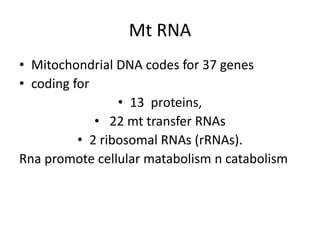 Mt RNA
• Mitochondrial DNA codes for 37 genes
• coding for
• 13 proteins,
• 22 mt transfer RNAs
• 2 ribosomal RNAs (rRNAs).
Rna promote cellular matabolism n catabolism
 