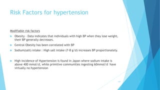 Risk Factors for hypertension
Modifiable risk factors
 Obesity – Data indicates that individuals with high BP when they lose weight,
their BP generally decreases.
 Central Obesity has been correlated with BP
 Sodium(salt) intake : High salt intake (7-8 g/d) increases BP proportionately.
 High incidence of Hypertension is found in Japan where sodium intake is
above 400 mmol/d, while primitive communities ingesting 60mmol/d have
virtually no hypertension
209
 