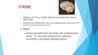 STROKE
 OVERALL 25% OF ALL STROKE PATEINTS HAD SIGNIFICANT DENTAL
INFECTIONS.
 Gingivitis and Radiographic bone loss independently associated with
risk of a cerebral ischemic event
 How?
 Active periodontitis increases the prothromotic
state  recurrent bacteremia, platelet
activation, increased clotting factors
 