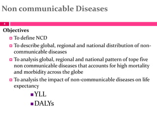 Non communicable Diseases
Objectives
 To define NCD
 To describe global, regional and national distribution of non-
comm...