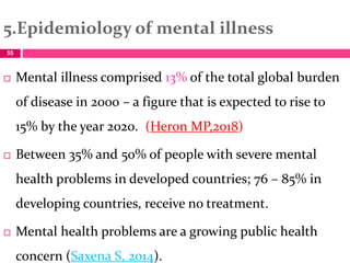5.Epidemiology of mental illness
 Mental illness comprised 13% of the total global burden
of disease in 2000 – a figure t...
