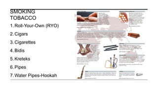 SMOKING
TOBACCO
1.Roll-Your-Own (RYO)
2.Cigars
3.Cigarettes
4.Bidis
5.Kreteks
6.Pipes
7.Water Pipes-Hookah
 