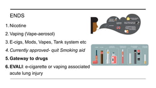 ENDS
1.Nicotine
2.Vaping (Vape-aerosol)
3.E-cigs, Mods, Vapes, Tank system etc
4.Currently approved- quit Smoking aid
5.Gateway to drugs
6.EVALI: e-cigarette or vaping associated
acute lung injury
 