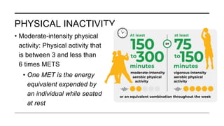 PHYSICAL INACTIVITY
• Moderate-intensity physical
activity: Physical activity that
is between 3 and less than
6 times METS
• One MET is the energy
equivalent expended by
an individual while seated
at rest
 
