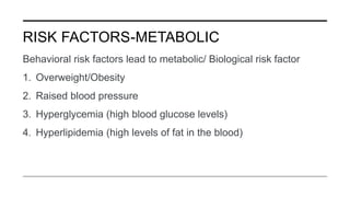 RISK FACTORS-METABOLIC
Behavioral risk factors lead to metabolic/ Biological risk factor
1. Overweight/Obesity
2. Raised blood pressure
3. Hyperglycemia (high blood glucose levels)
4. Hyperlipidemia (high levels of fat in the blood)
 