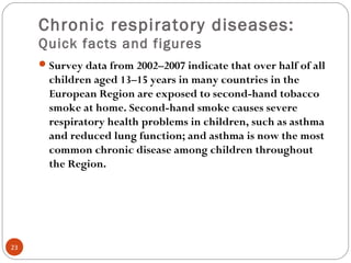 Chronic respiratory diseases:
Quick facts and figures
23
Survey data from 2002–2007 indicate that over half of all
children aged 13–15 years in many countries in the
European Region are exposed to second-hand tobacco
smoke at home. Second-hand smoke causes severe
respiratory health problems in children, such as asthma
and reduced lung function; and asthma is now the most
common chronic disease among children throughout
the Region.
 