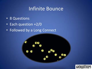 Infinite Bounce8 QuestionsEach question +2/0Followed by a Long Connect