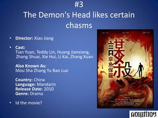#3The Demon's Head likes certain chasmsDirector: Xiao JiangCast:Tian Yuan, Teddy Lin, Huang Jianxiang,       Zhang Shuai, Xie Hui, Li Kai, Zhang XuanAlso Known As:Mou Sha Zhang Yu Bao LuoCountry: ChinaLanguage: MandarinRelease Date: 2010Genre:DramaId the movie?