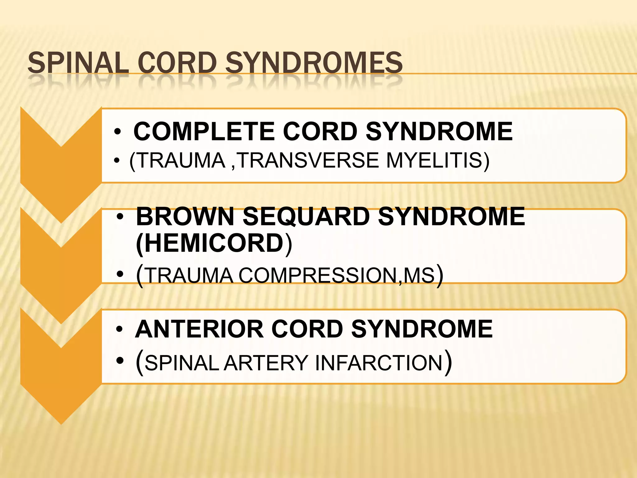 SPINAL CORD SYNDROMES
• COMPLETE CORD SYNDROME
• (TRAUMA ,TRANSVERSE MYELITIS)

• BROWN SEQUARD SYNDROME
(HEMICORD)
• (TRAUMA COMPRESSION,MS)
• ANTERIOR CORD SYNDROME

• (SPINAL ARTERY INFARCTION)

 