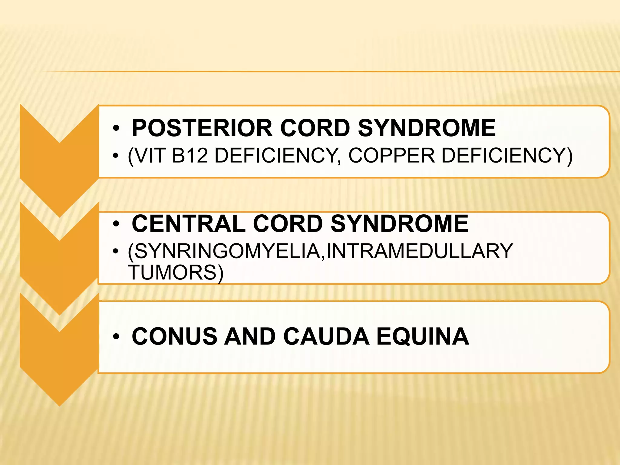 • POSTERIOR CORD SYNDROME
• (VIT B12 DEFICIENCY, COPPER DEFICIENCY)

• CENTRAL CORD SYNDROME
• (SYNRINGOMYELIA,INTRAMEDULLARY
TUMORS)

• CONUS AND CAUDA EQUINA

 