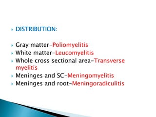  DISTRIBUTION:
 Gray matter-Poliomyelitis
 White matter-Leucomyelitis
 Whole cross sectional area-Transverse
myelitis
 Meninges and SC-Meningomyelitis
 Meninges and root-Meningoradiculitis
 