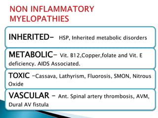 INHERITED- HSP, Inherited metabolic disorders
METABOLIC- Vit. B12,Copper,folate and Vit. E
deficiency. AIDS Associated.
TOXIC –Cassava, Lathyrism, Fluorosis, SMON, Nitrous
Oxide
VASCULAR – Ant. Spinal artery thrombosis, AVM,
Dural AV fistula
 
