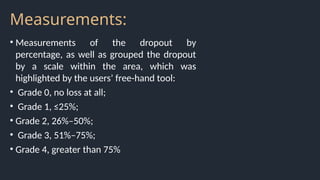 Measurements:
• Measurements of the dropout by
percentage, as well as grouped the dropout
by a scale within the area, which was
highlighted by the users’ free-hand tool:
• Grade 0, no loss at all;
• Grade 1, ≤25%;
• Grade 2, 26%–50%;
• Grade 3, 51%–75%;
• Grade 4, greater than 75%
 