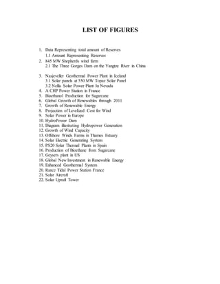 LIST OF FIGURES
1. Data Representing total amount of Reserves
1.1 Amount Representing Reserves
2. 845 MW Shepherds wind farm
2.1 The Three Gorges Dam on the Yangtze River in China
3. Nasjeveller Geothermal Power Plant in Iceland
3.1 Solar panels at 550 MW Topaz Solar Panel
3.2 Nellis Solar Power Plant In Nevada
4. A CHP Power Station in France
5. Bioethanol Production for Sugarcane
6. Global Growth of Renewables through 2011
7. Growth of Renewable Energy
8. Projection of Levelized Cost for Wind
9. Solar Power in Europe
10. HydroPower Dam
11. Diagram illustrating Hydropower Generation
12. Growth of Wind Capacity
13. Offshore Winds Farms in Thames Estuary
14. Solar Electric Generating System
15. PS20 Solar Thermal Plants in Spain
16. Production of Bioethane from Sugarcane
17. Geysers plant in US
18. Global New Investment in Renewable Energy
19. Enhanced Geothermal System
20. Rance Tidal Power Station France
21. Solar Aircraft
22. Solar Upraft Tower
 