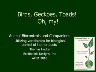 Birds, Geckoes, Toads!  Oh, my! Animal Biocontrols and Companions ‘ Utilizing vertebrates for biological control of interior pests’ Thomas Hecker EcoBotanic Designs, Inc APGA 2010 