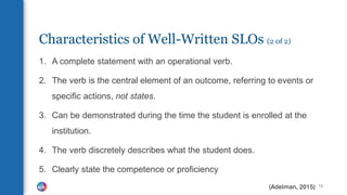 Characteristics of Well-Written SLOs (2 0f 2)
1. A complete statement with an operational verb.
2. The verb is the central element of an outcome, referring to events or
specific actions, not states.
3. Can be demonstrated during the time the student is enrolled at the
institution.
4. The verb discretely describes what the student does.
5. Clearly state the competence or proficiency
18
(Adelman, 2015)
 