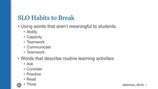 SLO Habits to Break
• Using words that aren’t meaningful to students
• Ability
• Capacity
• Teamwork
• Communicate
• Teamwork
• Words that describe routine learning activities
• Ask
• Consider
• Practice
• Read
• Think 19
(Adelman, 2015)
 