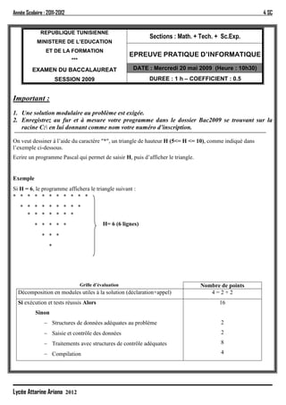 Année Scolaire : 2011-2012                                                                               4 SC


             REPUBLIQUE TUNISIENNE
                                                                Sections : Math. + Tech. + Sc.Exp.
            MINISTERE DE L’EDUCATION
                ET DE LA FORMATION
                                                         EPREUVE PRATIQUE D’INFORMATIQUE
                             ***
         EXAMEN DU BACCALAUREAT                           DATE : Mercredi 20 mai 2009 (Heure : 10h30)
                      SESSION 2009                              DUREE : 1 h – COEFFICIENT : 0.5


Important :
1. Une solution modulaire au problème est exigée.
2. Enregistrez au fur et à mesure votre programme dans le dossier Bac2009 se trouvant sur la
   racine C: en lui donnant comme nom votre numéro d’inscription.

On veut dessiner à l’aide du caractère *, un triangle de hauteur H (5<= H <= 10), comme indiqué dans
l’exemple ci-dessous.
Ecrire un programme Pascal qui permet de saisir H, puis d’afficher le triangle.


Exemple
Si H = 6, le programme affichera le triangle suivant :
* * * * * * * * * * *
   * * * * * * * * *
     * * * * * * *
          * * * * *                           H= 6 (6 lignes)

              * * *
                  *




                                   Grille d’évaluation                             Nombre de points
  Décomposition en modules utiles à la solution (déclaration+appel)                   4=2+2
  Si exécution et tests réussis Alors                                                     16
           Sinon
                Structures de données adéquates au problème                              2
                Saisie et contrôle des données                                           2
                Traitements avec structures de contrôle adéquates                        8

                Compilation                                                              4




Lycée Attarine Ariana 2012
 