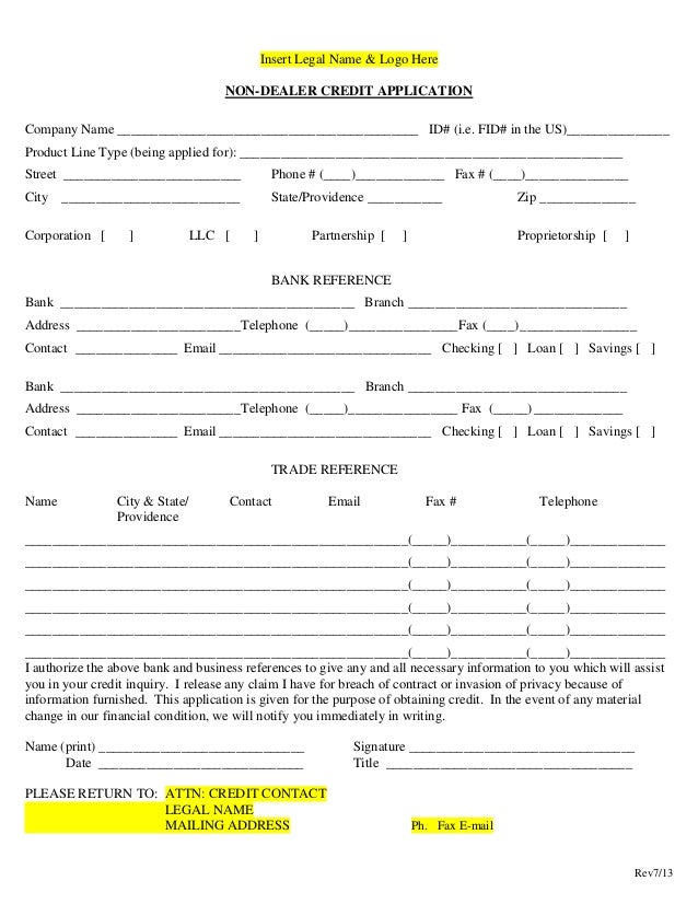 non dealer credit application template template for credit application