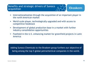 Benefits and strategic drivers of Sunoco
acquisition

         Internationalization through the acquisition of an important player in
         the north American market
         World scale player, technologically upgraded and with access to
         competitive feedstock
         Development of global production base in a market with further
         industry consolidation opportunities
         Foothold in the U.S. enhancing market for greenfield projects in Latin
         America




    Adding Sunoco Chemicals to the Braskem group furthers our objective of
     being among the top 5 global petrochemical companies in the world.



Source: Braskem                                                                   12
 