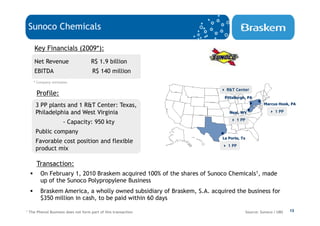 Sunoco Chemicals

       Key Financials (2009*):
       Net Revenue                    R$ 1.9 billion
       EBITDA                          R$ 140 million
      * Company estimates

                                                                            R&T Center
        Profile:
                                                                           Pittsburgh, PA

       3 PP plants and 1 R&T Center: Texas,                                                       Marcus Hook, PA

       Philadelphia and West Virginia                                        Neal, WV                   1 PP
                                                                                 1 PP
                       - Capacity: 950 kty
       Public company
                                                                          La Porte, Tx
       Favorable cost position and flexible
                                                                            1 PP
       product mix

        Transaction:
          On February 1, 2010 Braskem acquired 100% of the shares of Sunoco Chemicals1, made
          up of the Sunoco Polypropylene Business
          Braskem America, a wholly owned subsidiary of Braskem, S.A. acquired the business for
          $350 million in cash, to be paid within 60 days

1   The Phenol Business does not form part of this transaction                           Source: Sunoco / UBS   13
 