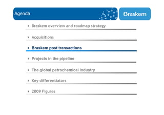 Agenda

         Braskem overview and roadmap strategy

         Acquisitions

         Braskem post transactions

         Projects in the pipeline

         The global petrochemical Industry

         Key differentiators

         2009 Figures
 