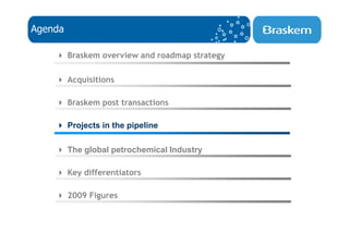 Agenda

         Braskem overview and roadmap strategy

         Acquisitions

         Braskem post transactions

         Projects in the pipeline

         The global petrochemical Industry

         Key differentiators

         2009 Figures
 