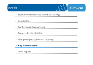 Agenda

         Braskem overview and roadmap strategy

         Acquisitions

         Braskem post transactions

         Projects in the pipeline

         The global petrochemical Industry

         Key differentiators

         2009 Figures
 