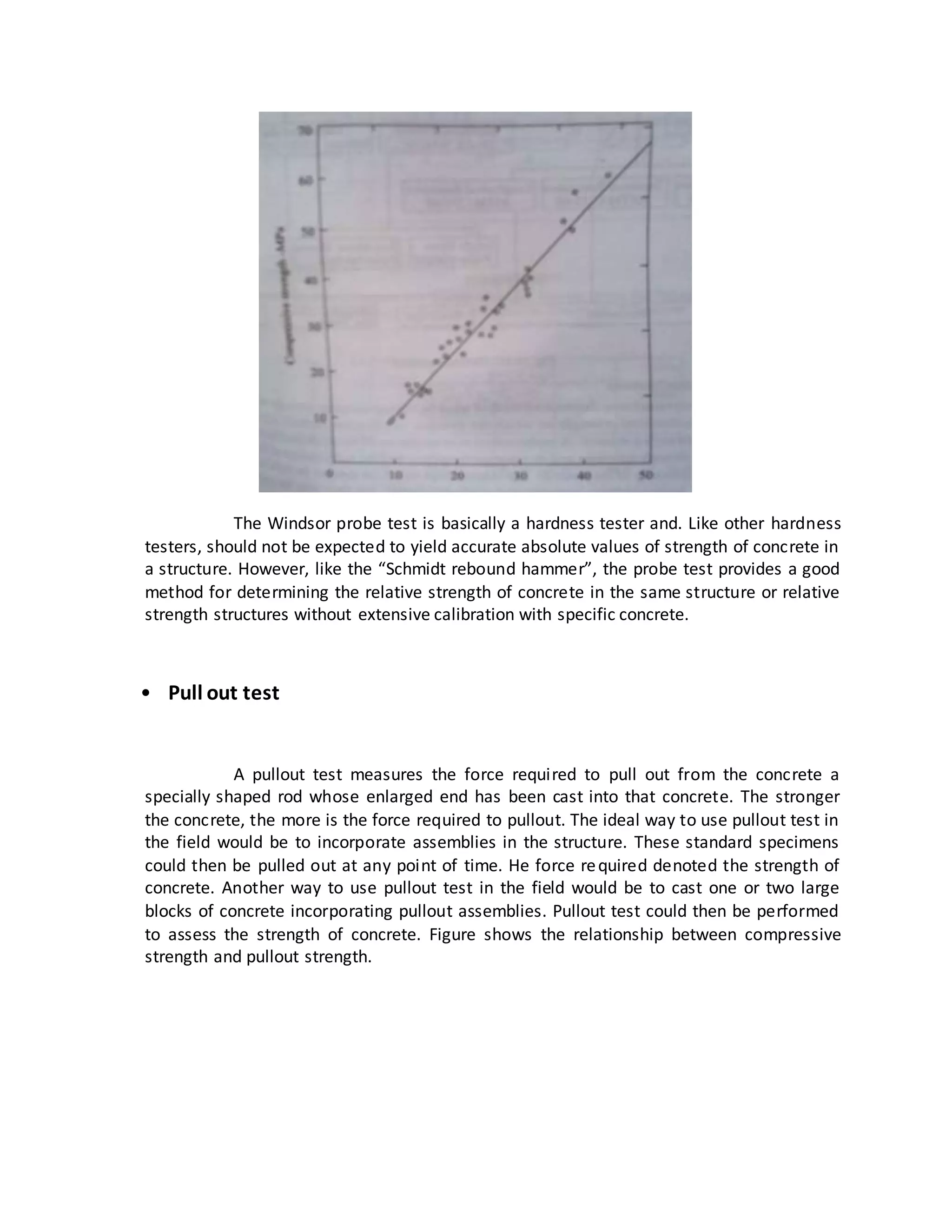 The Windsor probe test is basically a hardness tester and. Like other hardness
testers, should not be expected to yield accurate absolute values of strength of concrete in
a structure. However, like the “Schmidt rebound hammer”, the probe test provides a good
method for determining the relative strength of concrete in the same structure or relative
strength structures without extensive calibration with specific concrete.
• Pull out test
A pullout test measures the force required to pull out from the concrete a
specially shaped rod whose enlarged end has been cast into that concrete. The stronger
the concrete, the more is the force required to pullout. The ideal way to use pullout test in
the field would be to incorporate assemblies in the structure. These standard specimens
could then be pulled out at any point of time. He force required denoted the strength of
concrete. Another way to use pullout test in the field would be to cast one or two large
blocks of concrete incorporating pullout assemblies. Pullout test could then be performed
to assess the strength of concrete. Figure shows the relationship between compressive
strength and pullout strength.
 