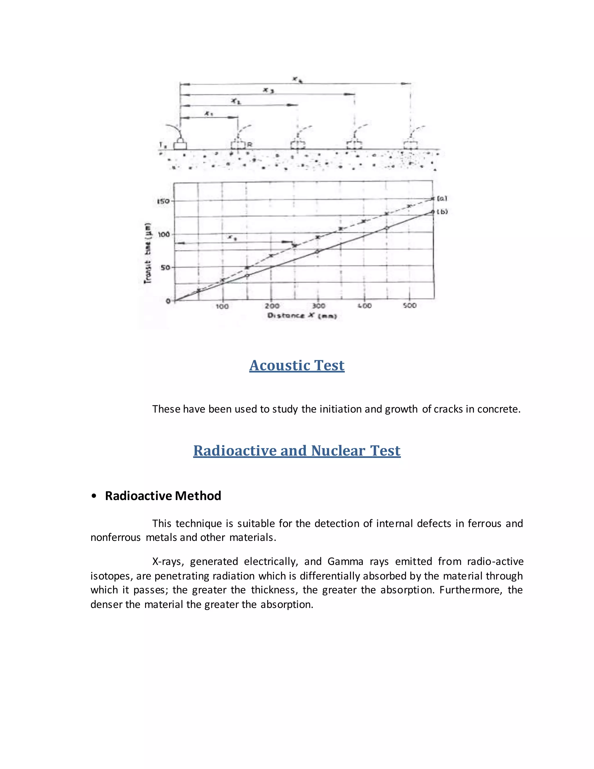 Acoustic Test
These have been used to study the initiation and growth of cracks in concrete.
Radioactive and Nuclear Test
• Radioactive Method
This technique is suitable for the detection of internal defects in ferrous and
nonferrous metals and other materials.
X-rays, generated electrically, and Gamma rays emitted from radio-active
isotopes, are penetrating radiation which is differentially absorbed by the material through
which it passes; the greater the thickness, the greater the absorption. Furthermore, the
denser the material the greater the absorption.
 