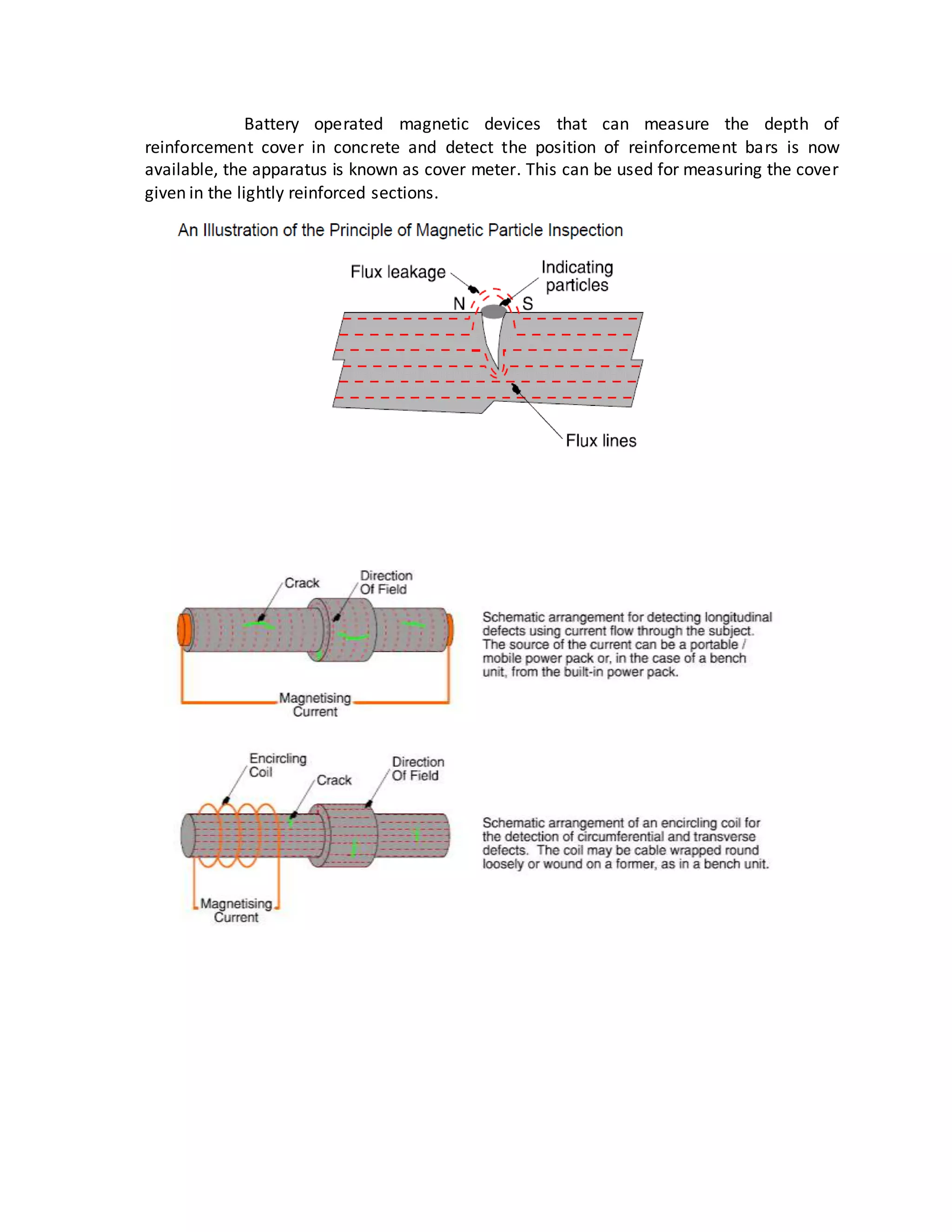 Battery operated magnetic devices that can measure the depth of
reinforcement cover in concrete and detect the position of reinforcement bars is now
available, the apparatus is known as cover meter. This can be used for measuring the cover
given in the lightly reinforced sections.
 