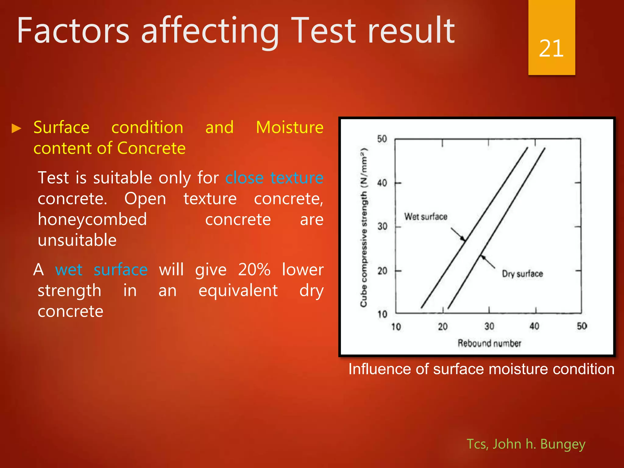 Factors affecting Test result
► Surface condition and Moisture
content of Concrete
Test is suitable only for close texture
concrete. Open texture concrete,
honeycombed concrete are
unsuitable
A wet surface will give 20% lower
strength in an equivalent dry
concrete
21
Influence of surface moisture condition
Tcs, John h. Bungey
 