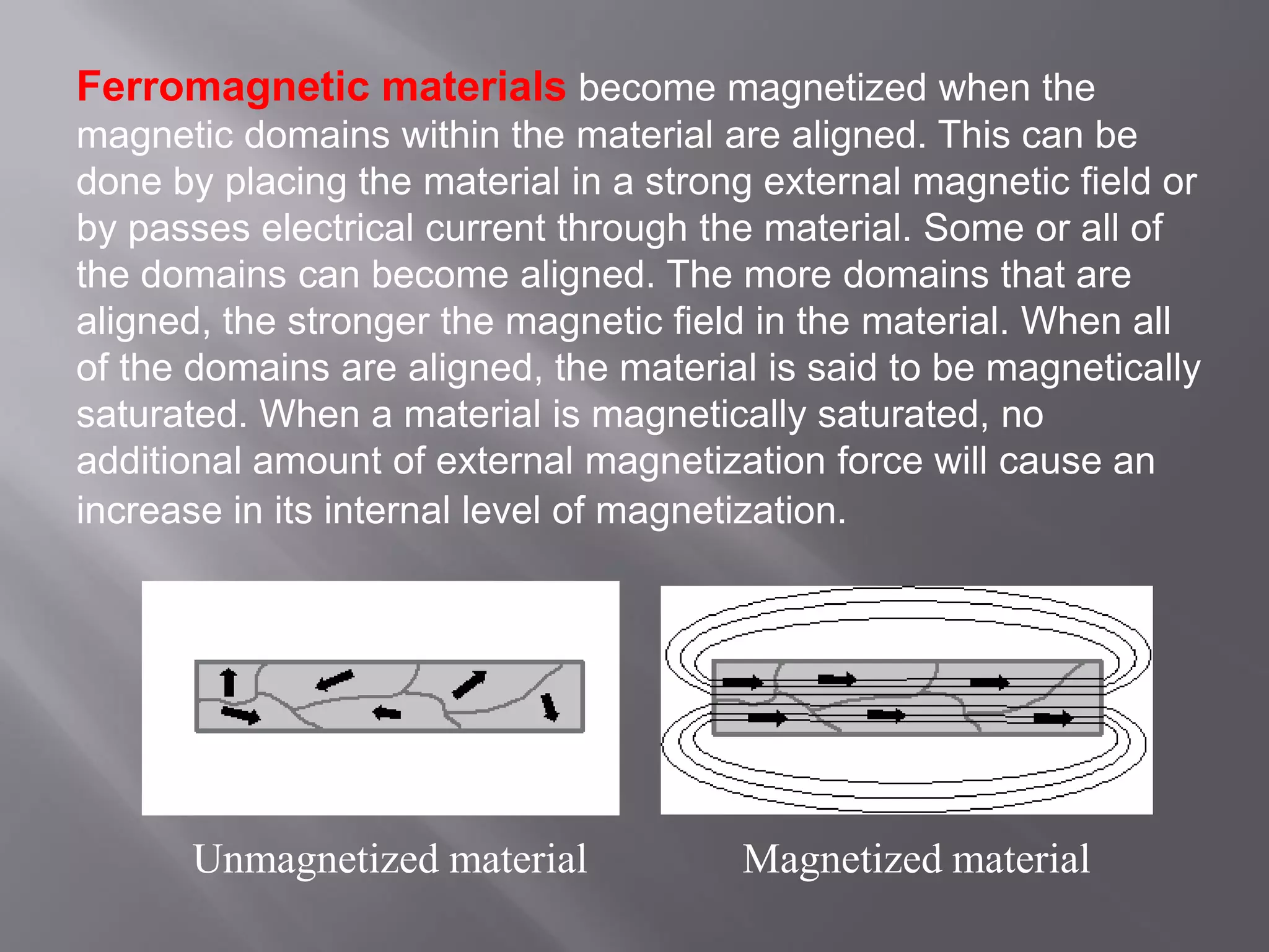 Ferromagnetic materials become magnetized when the
magnetic domains within the material are aligned. This can be
done by placing the material in a strong external magnetic field or
by passes electrical current through the material. Some or all of
the domains can become aligned. The more domains that are
aligned, the stronger the magnetic field in the material. When all
of the domains are aligned, the material is said to be magnetically
saturated. When a material is magnetically saturated, no
additional amount of external magnetization force will cause an
increase in its internal level of magnetization.
Unmagnetized material Magnetized material
 
