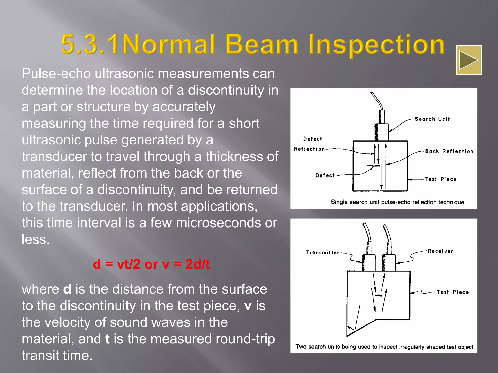 Pulse-echo ultrasonic measurements can
determine the location of a discontinuity in
a part or structure by accurately
measuring the time required for a short
ultrasonic pulse generated by a
transducer to travel through a thickness of
material, reflect from the back or the
surface of a discontinuity, and be returned
to the transducer. In most applications,
this time interval is a few microseconds or
less.
d = vt/2 or v = 2d/t
where d is the distance from the surface
to the discontinuity in the test piece, v is
the velocity of sound waves in the
material, and t is the measured round-trip
transit time.
 