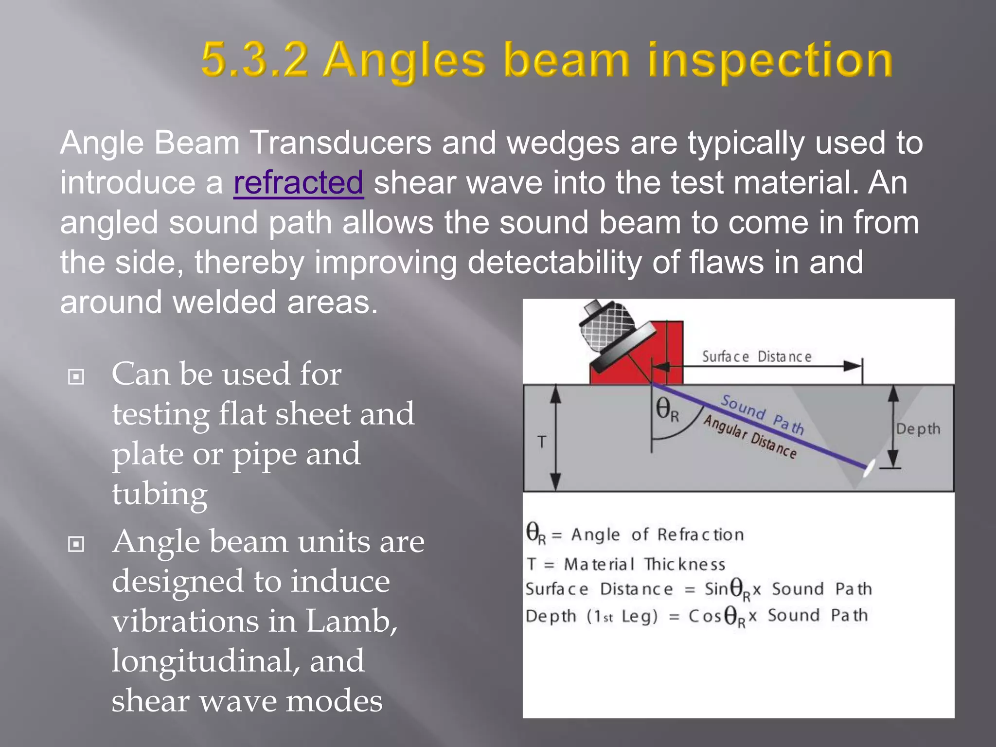  Can be used for
testing flat sheet and
plate or pipe and
tubing
 Angle beam units are
designed to induce
vibrations in Lamb,
longitudinal, and
shear wave modes
Angle Beam Transducers and wedges are typically used to
introduce a refracted shear wave into the test material. An
angled sound path allows the sound beam to come in from
the side, thereby improving detectability of flaws in and
around welded areas.
 