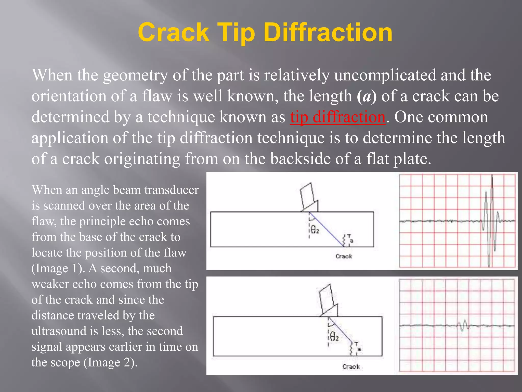 Crack Tip Diffraction
When the geometry of the part is relatively uncomplicated and the
orientation of a flaw is well known, the length (a) of a crack can be
determined by a technique known as tip diffraction. One common
application of the tip diffraction technique is to determine the length
of a crack originating from on the backside of a flat plate.
When an angle beam transducer
is scanned over the area of the
flaw, the principle echo comes
from the base of the crack to
locate the position of the flaw
(Image 1). A second, much
weaker echo comes from the tip
of the crack and since the
distance traveled by the
ultrasound is less, the second
signal appears earlier in time on
the scope (Image 2).
 