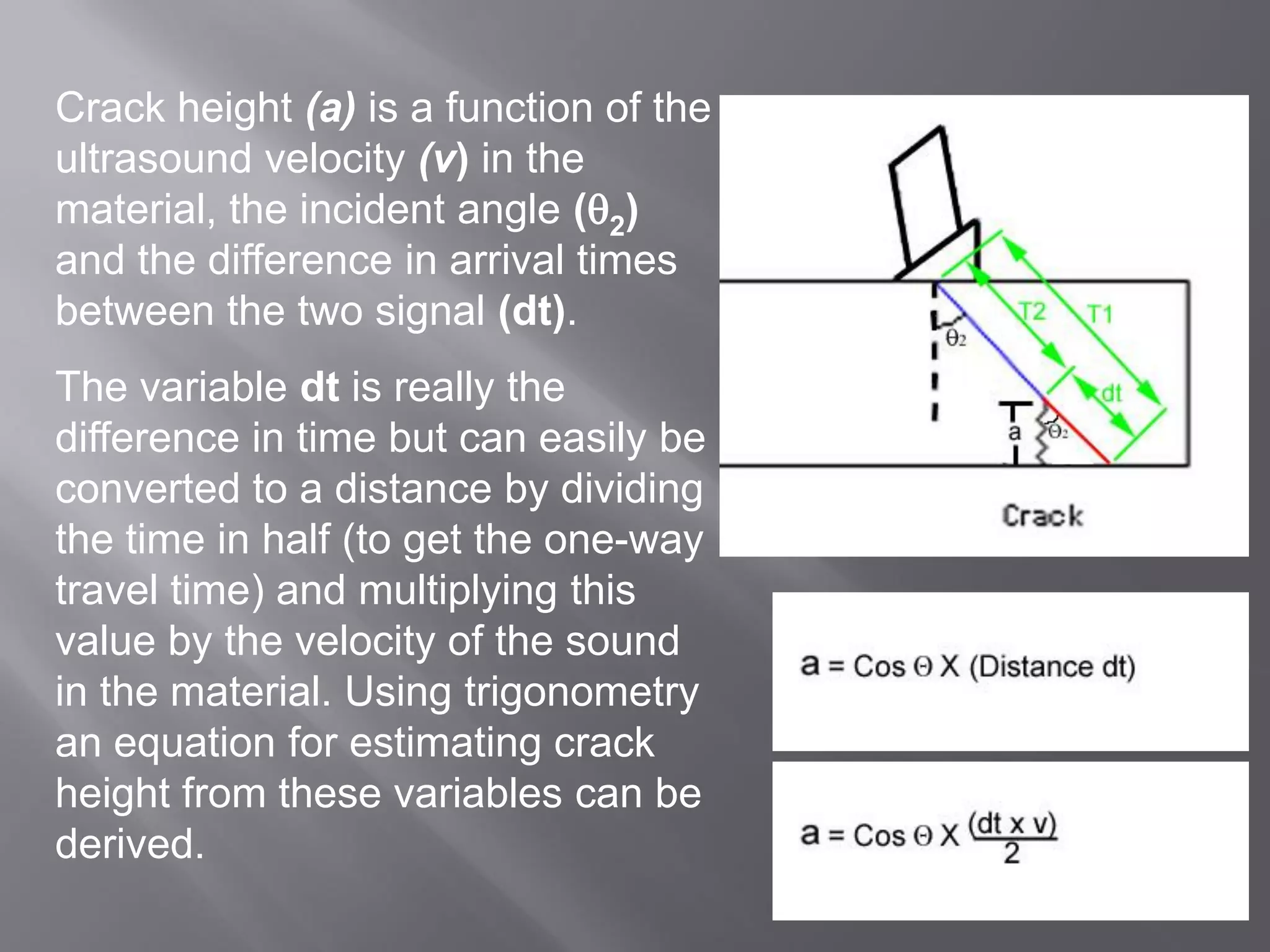 Crack height (a) is a function of the
ultrasound velocity (v) in the
material, the incident angle (2)
and the difference in arrival times
between the two signal (dt).
The variable dt is really the
difference in time but can easily be
converted to a distance by dividing
the time in half (to get the one-way
travel time) and multiplying this
value by the velocity of the sound
in the material. Using trigonometry
an equation for estimating crack
height from these variables can be
derived.
 