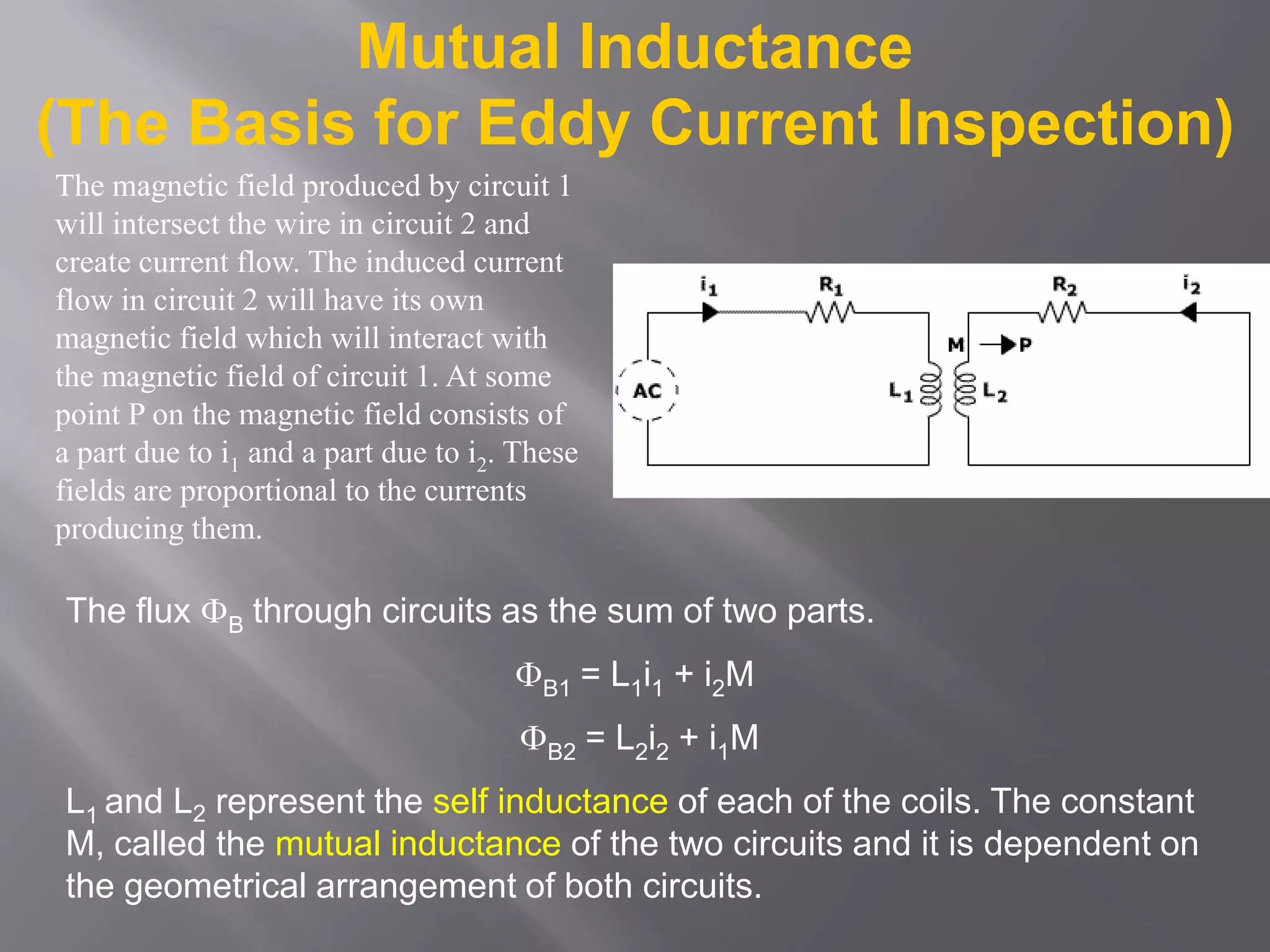 Mutual Inductance
(The Basis for Eddy Current Inspection)
The flux B through circuits as the sum of two parts.
B1 = L1i1 + i2M
B2 = L2i2 + i1M
L1 and L2 represent the self inductance of each of the coils. The constant
M, called the mutual inductance of the two circuits and it is dependent on
the geometrical arrangement of both circuits.
The magnetic field produced by circuit 1
will intersect the wire in circuit 2 and
create current flow. The induced current
flow in circuit 2 will have its own
magnetic field which will interact with
the magnetic field of circuit 1. At some
point P on the magnetic field consists of
a part due to i1 and a part due to i2. These
fields are proportional to the currents
producing them.
 