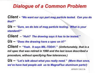 ATSNY© 2012 26
Dialogue of a Common Problem
Client - “We want our xyz part mag particle tested. Can you do
that?”
Us – “Sure, we do lots of mag particle testing. What is your
standard?”
Client – “Huh? The drawing says it has to be tested.”
Us – “Does the drawing have a spec on it?”
Client – “Yeah. It says MIL-TDD41.” (Unfortunately, that is a
mil spec that was retired in 1990 and the last issue described a
procedure, without specifying flaw tolerances.)
Us – “Let’s talk about what you really need.” (More than once,
we’ve have had people ask us to MagnaFlux aluminum parts!)
 