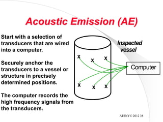 ATSNY© 2012 38
x
x x
x x
x
Computer
Inspected
vessel
Acoustic Emission (AE)
Start with a selection of
transducers that are wired
into a computer.
Securely anchor the
transducers to a vessel or
structure in precisely
determined positions.
The computer records the
high frequency signals from
the transducers.
 