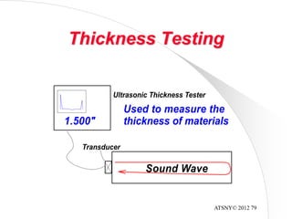 ATSNY© 2012 79
Thickness Testing
Ultrasonic Thickness Tester
Transducer
Used to measure the
thickness of materials1.500"
Sound Wave
 