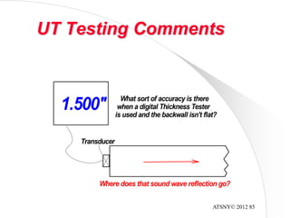 ATSNY© 2012 85
UT Testing Comments
What sort of accuracy is there
when a digital Thickness Tester
is used and the backwall isn't flat?
Transducer
1.500"
Where does that sound wave reflection go?
 