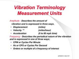 ATSNY© 2012 97
Vibration Terminology
Measurement Units
Amplitude - Describes the amount of
vibration and is expressed in three ways.
• Displacement (miles)
• Velocity ** (miles/hour)
• Acceleration (0 to 60 mph time)
Frequency - Describes the periodical nature of the vibration
and is expressed in one of three ways;
• CPM or Cycles Per Minute
• Hz or CPS or Cycles Per Second
• Orders or multiple of a frequency of interest
 