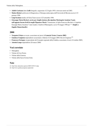 Vittime della 'Ndrangheta                                                                                                 13


    • Adolfo Cartisano detto Lollò fotografo, sequestrato il 22 luglio 1993 e ritrovato morto nel 2003.
    • Matteo Bottari, professore di Diagnostica e Chirurgia endoscopica dell'Università di Messina ucciso il 15
      gennaio 1998.
    • Luigi Ioculano medico di Gioia Tauro ucciso il 25 settembre 1998.
    • Giusseppe Maria Biccheri, ucciso per sbaglio insieme alla nipotina Mariangela Ansalone 9 anni,
      nell'agguato furono feriti la moglie Pignataro Maria * Annunziata, la figlia Francesca Biccheri e il nipotino
      Giuseppe Maria Ansalone 7 anni (madre e fratello di Mariangela), uccisi l'8 maggio 1998 per * * sbaglio a
      Oppido Mamertina(Rc)


    2000
    •   Torquato Ciriaco avvocato, assassinato nei pressi di Lamezia Terme (1 marzo 2002)
    •   Gianluca Congiusta imprenditore (assassinato a Siderno il 24 maggio 2005) Sito di Congiusta [2]
    •   Francesco Fortugno vicepresidente del Consiglio regionale della Calabria, assassinato a Locri (16 ottobre 2005)
    •   Antonio Longo imprenditore (26 marzo 2008)


    Voci correlate
    •   Ndrangheta
    •   Vittime di Cosa Nostra
    •   Vittime della Camorra
    •   Vittime della Sacra Corona Unita


    Note
    [1] http:/ / italy. indymedia. org/ news/ 2005/ 12/ 953112. php
    [2] http:/ / www. gianlucacongiusta. org/ joomla/
 