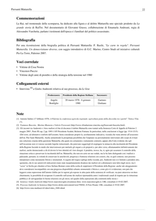 Piersanti Mattarella                                                                                                                                              22


     Commemorazioni
     La Rai, nel trentennale della scomparsa, ha dedicato alla figura e al delitto Mattarella uno speciale prodotto da La
     grande storia di RaiTre. Nel documentario di Giovanni Grasso, collaborazione di Emanuela Andreani, regia di
     Alessandro Varchetta, parlano i testimoni dell'epoca e i familiari del politico assassinato.


     Bibliografia
     Per una ricostruzione della biografia politica di Piersanti Mattarella: P. Basile, "Le carte in regola". Piersanti
     Mattarella. Un democristiano diverso, con saggio introduttivo di G.C. Marino, Centro Studi ed iniziative culturali
     Pio La Torre, Palermo 2007.


     Voci correlate
     • Vittime di Cosa Nostra
     • Vincenzo Puccio
     • Vittime degli anni di piombo e della strategia della tensione nel 1980


     Collegamenti esterni
     • Intervista [6] a Giulio Andreotti relativa al suo processo, da Le Iene

                                            Predecessore:      Presidente della Regione Siciliana        Successore:

                                               Angelo             20 marzo 1978 - 6 gennaio               Gaetano
                                              Bonfiglio                     1980                          Giuliano



     Note
     [1] Antonio Saltini (17 febbraio 1979). A Palermo la conferenza agricola regionale: agricoltura pomo della discordia tra i partiti". Terra e Vita
         (7).
     [2] Tommaso Buscetta , Marimo Mannoia e Valerio Fioravanti (http:/ / www. rifondazione-cinecitta. org/ fioravanti-buscetta. html)
     [3] Gli incontri tra Andreotti e i boss mafiosi al fine di discutere il delitto Mattarella sono trattati nella Sentenza Corte di Appello di Palermo 2
         maggio 2003 , Parte III cap. 2 pp. 1093-1185 Presidente Scaduti, Relatore Fontana. In particolare, nelle conclusioni si legge (pp. 1514-1515):
         «Del resto, ad ultimativo conforto dell’assunto, basta considerare proprio la, assolutamente indicativa, vicenda che ruota attorno all’assassinio
         dell'on. Pier Santi Mattarella. Anche ammettendo la prospettata possibilità che l’imputato sia personalmente intervenuto allo scopo di evitare
         una soluzione cruenta della questione Mattarella, alla quale era certamente e nettamente contrario, appare alla Corte evidente che egli
         nell’occasione non si è mosso secondo logiche istituzionali, che potevano suggerirgli di respingere la minaccia alla incolumità del Presidente
         della Regione facendo in modo che intervenissero per tutelarlo gli organi a ciò preposti e, per altro verso, allontanandosi definitivamente dai
         mafiosi, anche denunciando a chi di dovere le loro identità ed i loro disegni: il predetto, invece, ha, sì, agito per assumere il controllo della
         situazione critica e preservare la incolumità dell’on. Mattarella, che non era certo un suo sodale, ma lo ha fatto dialogando con i mafiosi e
         palesando, pertanto, la volontà di conservare le amichevoli, pregresse e fruttuose relazioni con costoro, che, in quel contesto, non possono
         interpretarsi come meramente fittizie e strumentali. A seguito del tragico epilogo della vicenda, poi, Andreotti non si è limitato a prendere atto,
         sgomento, che le sue autorevoli indicazioni erano state inaspettatamente disattese dai mafiosi ed a allontanarsi senz’altro dagli stessi, ma è
         "sceso" in Sicilia per chiedere al boss Stefano Bontate conto della scelta di sopprimere il Presidente della Regione: anche tale atteggiamento
         deve considerarsi incompatibile con una pregressa disponibilità soltanto strumentale e fittizia e, come già si è evidenziato, non può che
         leggersi come espressione dell’intento (fallito per le ragioni già esposte in altra parte della sentenza) di verificare, sia pure attraverso un duro
         chiarimento, la possibilità di recuperare il controllo sull'azione dei mafiosi riportandola entro i tradizionali canali di rispetto per la istituzione
         pubblica e di salvaguardare le buone relazioni con gli stessi, nel quadro della aspirazione alla continuità delle stesse.»
     [4] Sentenze: Giulio Andreotti (http:/ / www. marcotravaglio. it/ sentenze. htm). www.marcotravaglio.it. URL consultato il 19-02-2007.
     [5] Processo Andreotti, la Sentenza (http:/ / www. diritto. net/ content/ view/ 709/ 8/ ). Il Foro Penale. URL consultato il 19-02-2007.
     [6] http:/ / www. iene. mediaset. it/ video/ video_1840. shtml
 