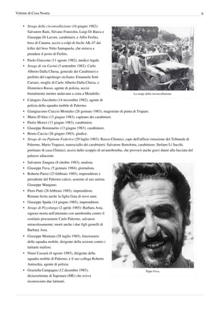 Vittime di Cosa Nostra                                                                                                      6


    • Strage della circonvallazione (16 giugno 1982):
      Salvatore Raiti, Silvano Franzolin, Luigi Di Barca e
      Giuseppe Di Lavore, carabinieri, e Alfio Ferlito,
      boss di Catania, uccisi a colpi di fucile AK-47 dai
      killer del boss Nitto Santapaola, che mirava a
      prendere il posto di Ferlito.
    • Paolo Giaccone (11 agosto 1982), medico legale.
    • Strage di via Carini (3 settembre 1982): Carlo
      Alberto Dalla Chiesa, generale dei Carabinieri e
      prefetto del capoluogo siciliano; Emanuela Setti
      Carraro, moglie di Carlo Alberto Dalla Chiesa, e
      Domenico Russo, agente di polizia, uccisi
      brutalmente mentre andavano a cena a Mondello.                            La strage della circonvallazione.

    • Calogero Zucchetto (14 novembre 1982), agente di
      polizia della squadra mobile di Palermo.
    • Giangiacomo Ciaccio Montalto (26 gennaio 1983), magistrato di punta di Trapani.
    • Mario D'Aleo (13 giugno 1983), capitano dei carabinieri.
    •   Pietro Morici (13 giugno 1983), carabiniere.
    •   Giuseppe Bommarito (13 giugno 1983), carabiniere.
    •   Bruno Caccia (26 giugno 1983), giudice.
    •   Strage di via Pipitone Federico (29 luglio 1983): Rocco Chinnici, capo dell'ufficio istruzione del Tribunale di
        Palermo, Mario Trapassi, maresciallo dei carabinieri; Salvatore Bartolotta, carabiniere; Stefano Li Sacchi,
        portinaio di casa Chinnici, uccisi dallo scoppio di un'autobomba, che provocò anche gravi danni alla facciata del
        palazzo adiacente.
    • Salvatore Zangara (8 ottobre 1983), analista.
    • Giuseppe Fava, (5 gennaio 1984), giornalista.
    • Roberto Parisi (23 febbraio 1985), imprenditore e
      presidente del Palermo calcio, assieme al suo autista
      Giuseppe Mangano.
    • Piero Patti (28 febbraio 1985), imprenditore.
      Rimane ferita anche la figlia Gaia di nove anni.
    • Giuseppe Spada (14 giugno 1985), imprenditore.
    • Strage di Pizzolungo (2 aprile 1985): Barbara Asta,
      signora morta nell'attentato con autobomba contro il
      sostituto procuratore Carlo Palermo, salvatosi
      miracolosamente; morti anche i due figli gemelli di
      Barbara Asta.
    • Giuseppe Montana (28 luglio 1985), funzionario
      della squadra mobile, dirigente della sezione contro i
      latitanti mafiosi.
    • Ninni Cassarà (6 agosto 1985), dirigente della
      squadra mobile di Palermo, e il suo collega Roberto
      Antiochia, agente di polizia.
    • Graziella Campagna (12 dicembre 1985),                                              Pippo Fava.
      diciassettenne di Saponara (ME) che aveva
      riconosciuto due latitanti.
 