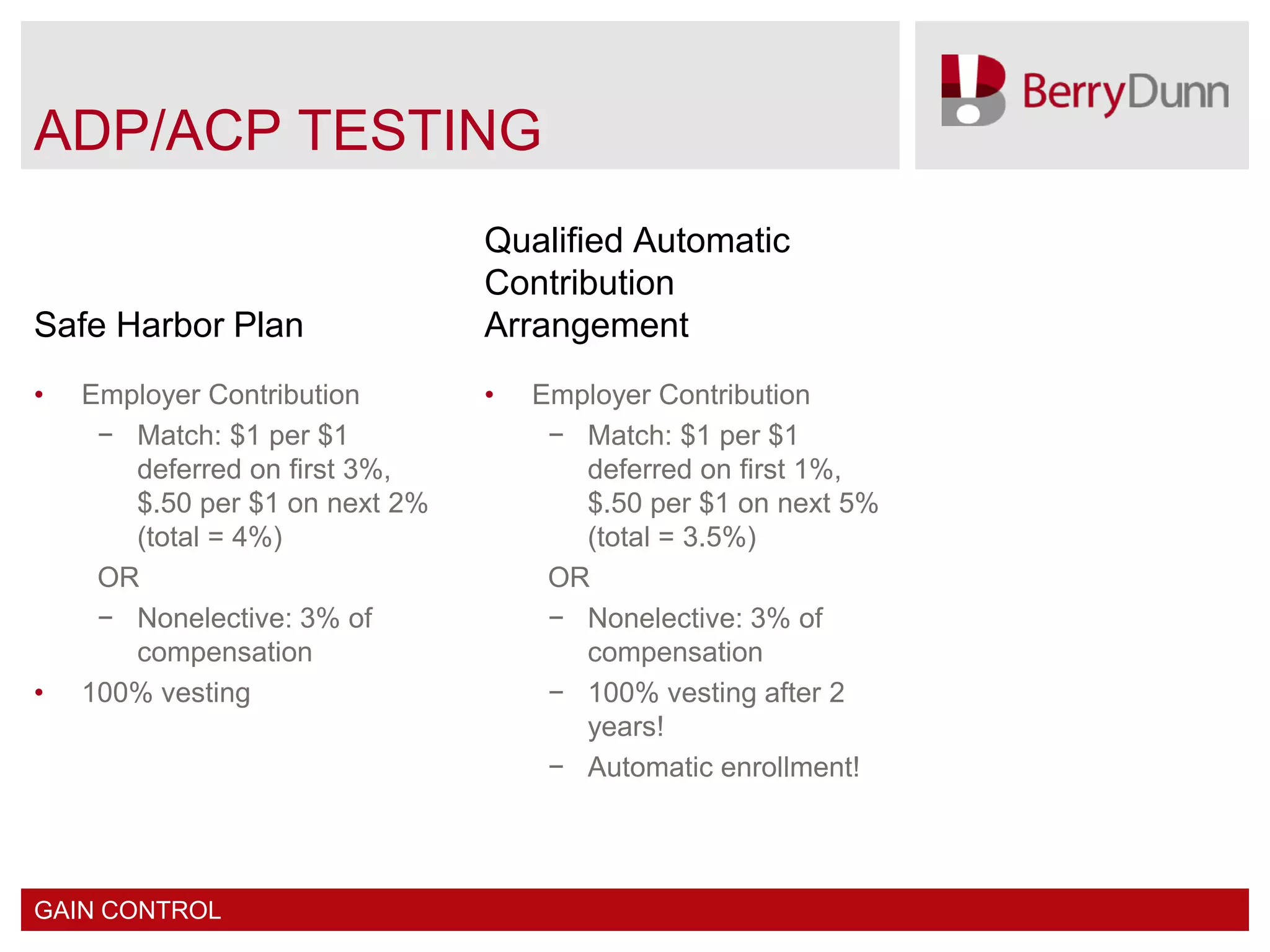 ADP/ACP TESTING
                                Qualified Automatic
                                Contribution
Safe Harbor Plan                Arrangement
•   Employer Contribution       •   Employer Contribution
     − Match: $1 per $1              − Match: $1 per $1
       deferred on first 3%,           deferred on first 1%,
       $.50 per $1 on next 2%          $.50 per $1 on next 5%
       (total = 4%)                    (total = 3.5%)
     OR                              OR
     − Nonelective: 3% of            − Nonelective: 3% of
       compensation                    compensation
•   100% vesting                     − 100% vesting after 2
                                       years!
                                     − Automatic enrollment!




GAIN CONTROL
 