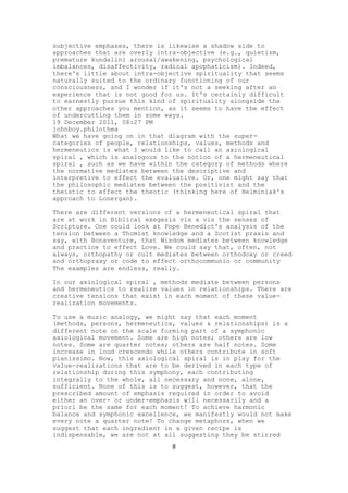 subjective emphases, there is likewise a shadow side to
approaches that are overly intra-objective (e.g., quietism,
premature kundalini arousal/awakening, psychological
imbalances, disaffectivity, radical apophaticism). Indeed,
there's little about intra-objective spirituality that seems
naturally suited to the ordinary functioning of our
consciousness, and I wonder if it's not a seeking after an
experience that is not good for us. It's certainly difficult
to earnestly pursue this kind of spirituality alongside the
other approaches you mention, as it seems to have the effect
of undercutting them in some ways.
19 December 2011, 08:27 PM
johnboy.philothea
What we have going on in that diagram with the super-
categories of people, relationships, values, methods and
hermeneutics is what I would like to call an axiological
spiral , which is analogous to the notion of a hermeneutical
spiral , such as we have within the category of methods where
the normative mediates between the descriptive and
interpretive to effect the evaluative. Or, one might say that
the philosophic mediates between the positivist and the
theistic to effect the theotic (thinking here of Helminiak's
approach to Lonergan).

There are different versions of a hermeneutical spiral that
are at work in Biblical exegesis vis a vis the senses of
Scripture. One could look at Pope Benedict's analysis of the
tension between a Thomist knowledge and a Scotist praxis and
say, with Bonaventure, that Wisdom mediates between knowledge
and practice to effect Love. We could say that, often, not
always, orthopathy or cult mediates between orthodoxy or creed
and orthopraxy or code to effect orthocommunio or community
The examples are endless, really.

In our axiological spiral , methods mediate between persons
and hermeneutics to realize values in relationships. There are
creative tensions that exist in each moment of these value-
realization movements.

To use a music analogy, we might say that each moment
(methods, persons, hermeneutics, values & relationships) is a
different note on the scale forming part of a symphonic
axiological movement. Some are high notes; others are low
notes. Some are quarter notes; others are half notes. Some
increase in loud crescendo while others contribute in soft
pianissimo. Now, this axiological spiral is in play for the
value-realizations that are to be derived in each type of
relationship during this symphony, each contributing
integrally to the whole, all necessary and none, alone,
sufficient. None of this is to suggest, however, that the
prescribed amount of emphasis required in order to avoid
either an over- or under-emphasis will necessarily and a
priori be the same for each moment! To achieve harmonic
balance and symphonic excellence, we manifestly would not make
every note a quarter note! To change metaphors, when we
suggest that each ingredient in a given recipe is
indispensable, we are not at all suggesting they be stirred
                               8
 