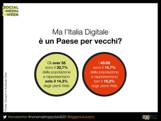 Ma l’Italia Digitale
                                               è un Paese per vecchi?

                                                    Gli over 55                  I 45/55
                                                  sono il 32,7%             sono il 14,7%
                                                 della popolazione         della popolazione
Fonte: Groupm e Audiweb View




                                                 e rappresentano           e rappresentano
                                                  solo il 14,3%              ben il 19,3%
                                                 degli utenti Web          degli utenti Web




                               #smwtorino #nonemaitroppotardi20 @eggersduezero
 