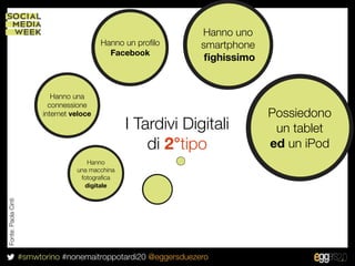 Hanno uno
                                             Hanno un proﬁlo      smartphone
                                               Facebook
                                                                   ﬁghissimo


                              Hanno una
                             connessione
                           internet veloce                                     Possiedono
                                                    I Tardivi Digitali          un tablet
                                                        di 2°tipo              ed un iPod
                                        Hanno
                                     una macchina
                                      fotograﬁca
                                       digitale
Fonte: Paola Cinti




                     #smwtorino #nonemaitroppotardi20 @eggersduezero
 